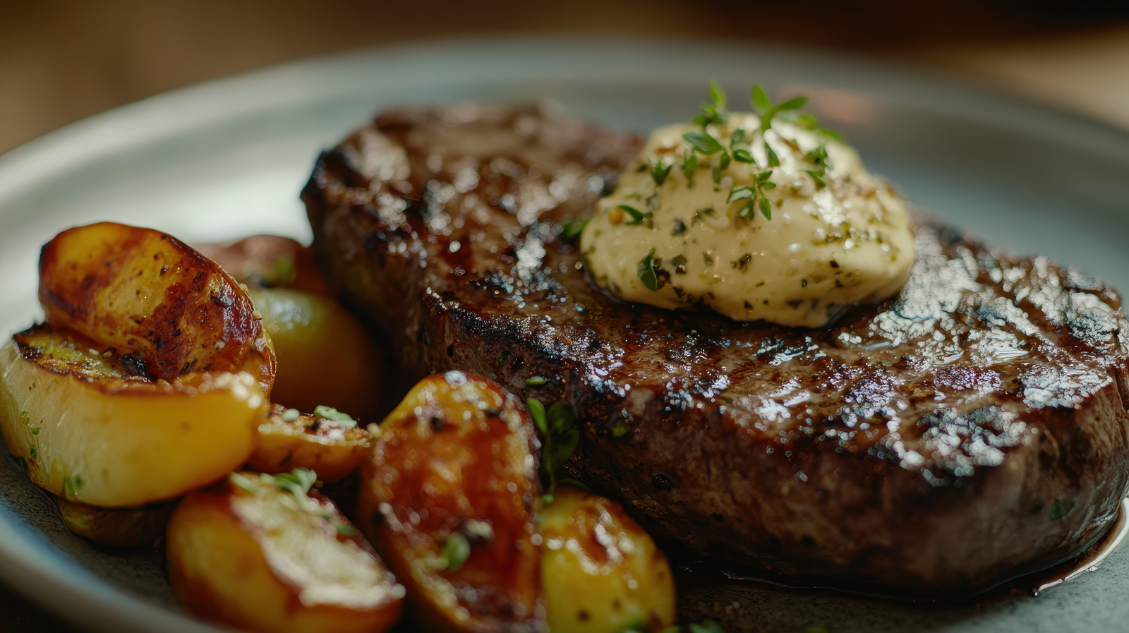 Grass-fed Ribeye with Truffle Butter: Keywords like "Grass-fed ribeye," "truffle butter steak," "premium beef cuts," and "gourmet steak recipe."