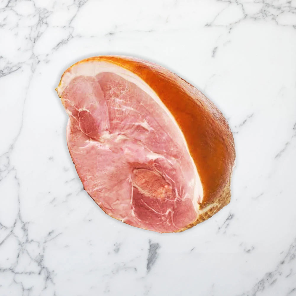 Brown Pearcy heritage cured ham, slow-cured for rich flavor and sliced to serve, made from farm-raised Berkshire pork and shipped nationwide