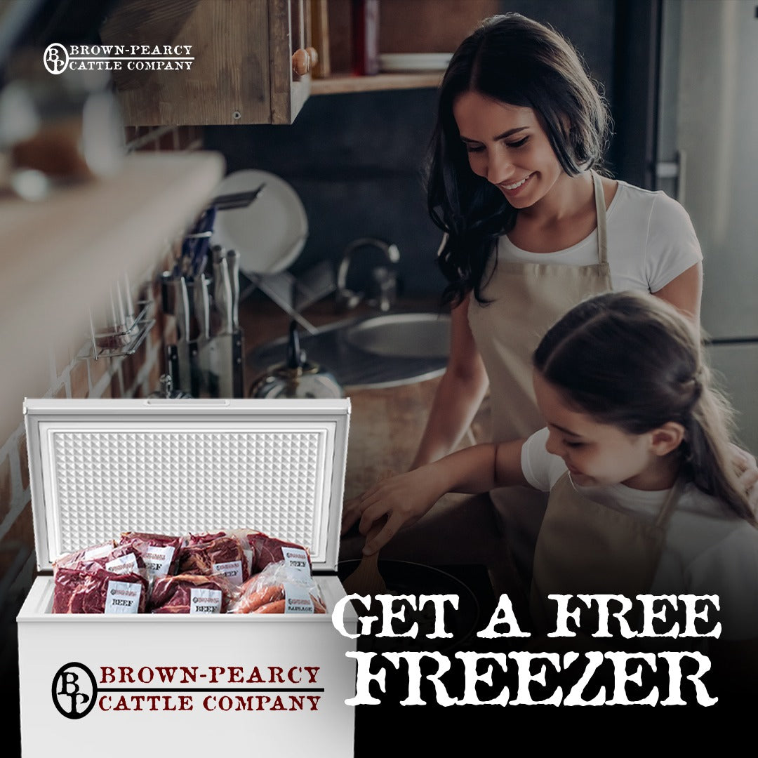 Free chest freezer with your bulk order of premium Angus beef and Berkshire pork, shipped farm-direct to your door.